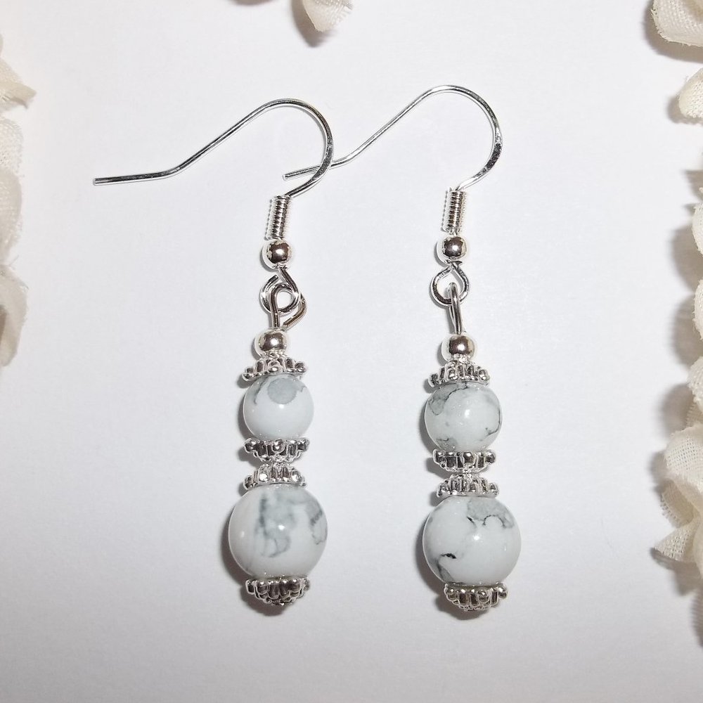 Grey & White Marble Earrings Set NWT Handmade Beaded Dangle Drop Jewelry 4075